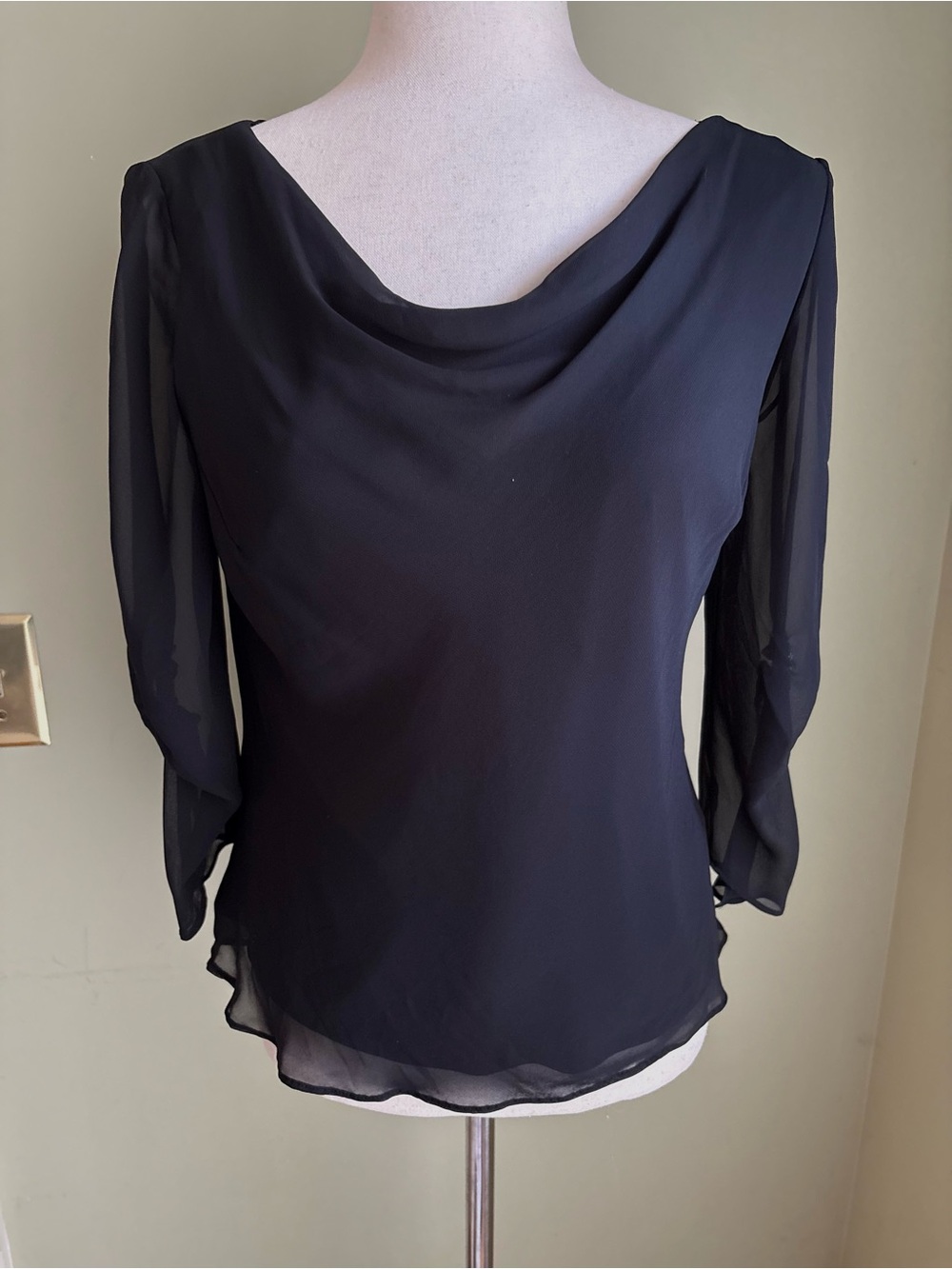 Sandra Darren Black Sheer Sleeve Cowl Neck Blouse size 6. 3/4 sleeve/rhinestone